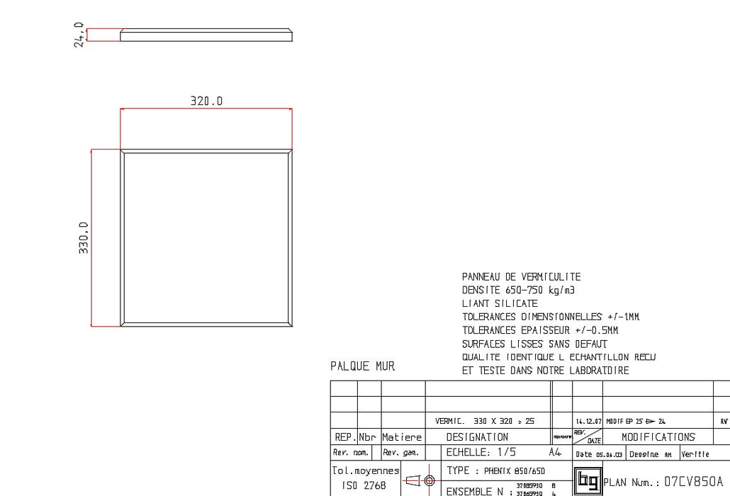 BODART & GONAY - 07CV850A Vermiculite 320x330x25 Phenix 650 850 1000
