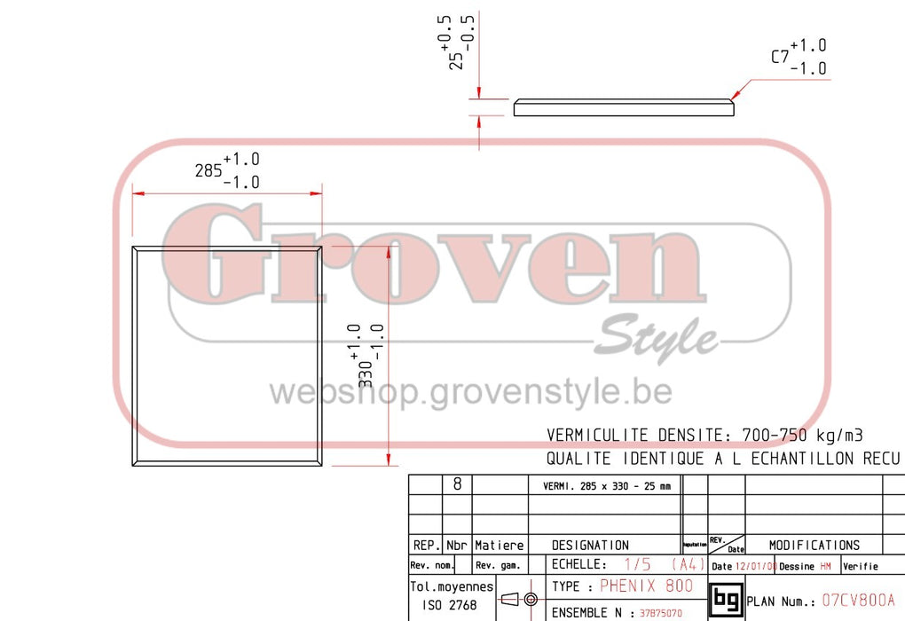 BODART & GONAY - 07CV800A Vermiculite 285x330x25 Phenix 600 Phenix 800 Phenix 950